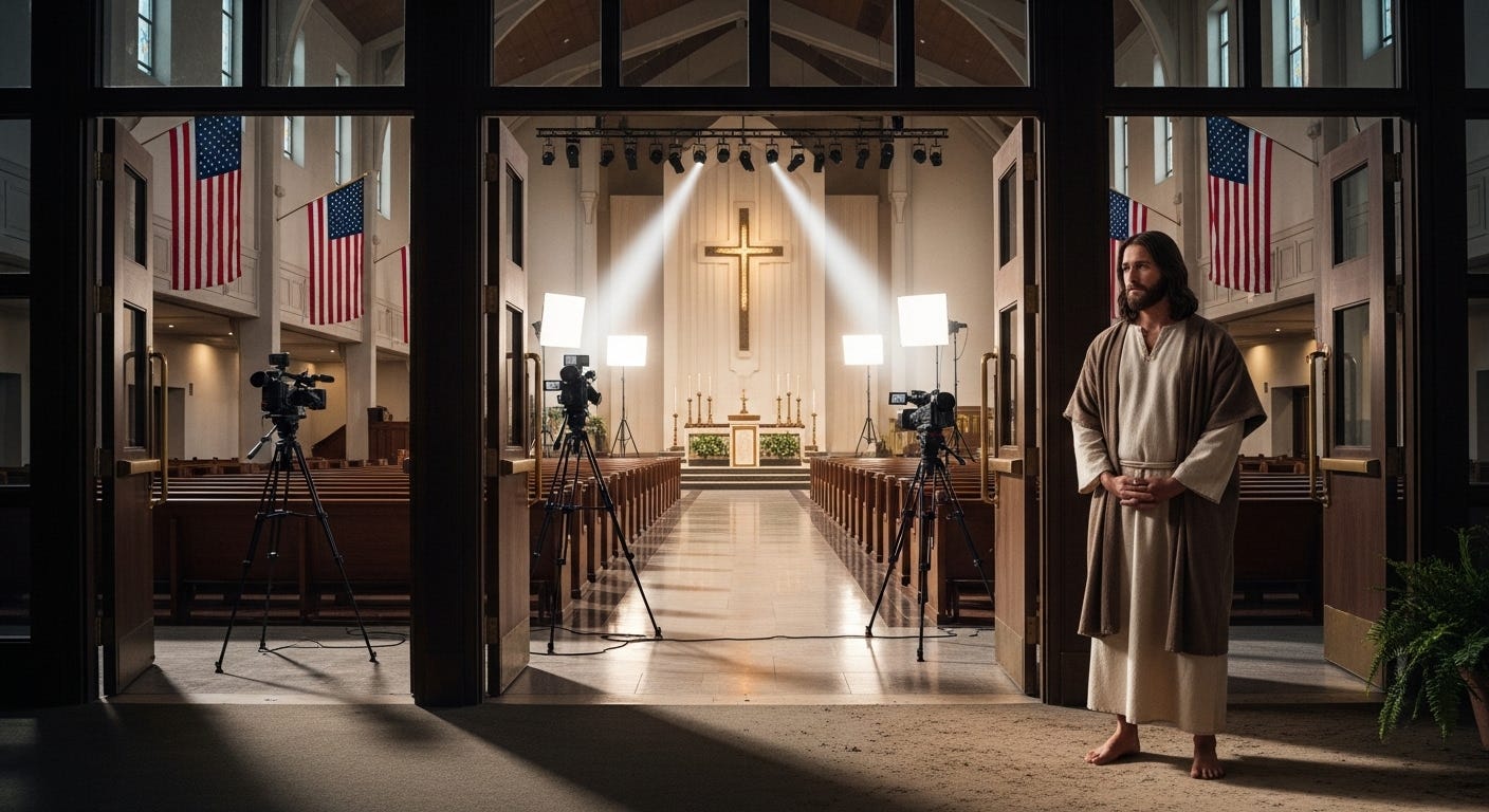 A barefoot Jesus stands outside a lavish American church draped in flags and lights, symbolizing how modern Christianity shuts out its own teacher.