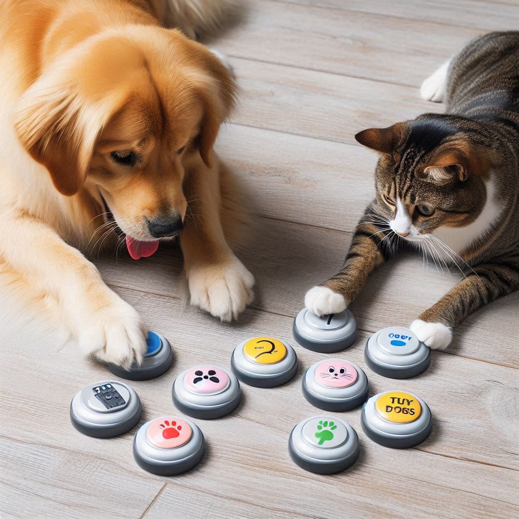 ten talking buttons on the floor with a real dog and a real cat pushing on buttons with their paws