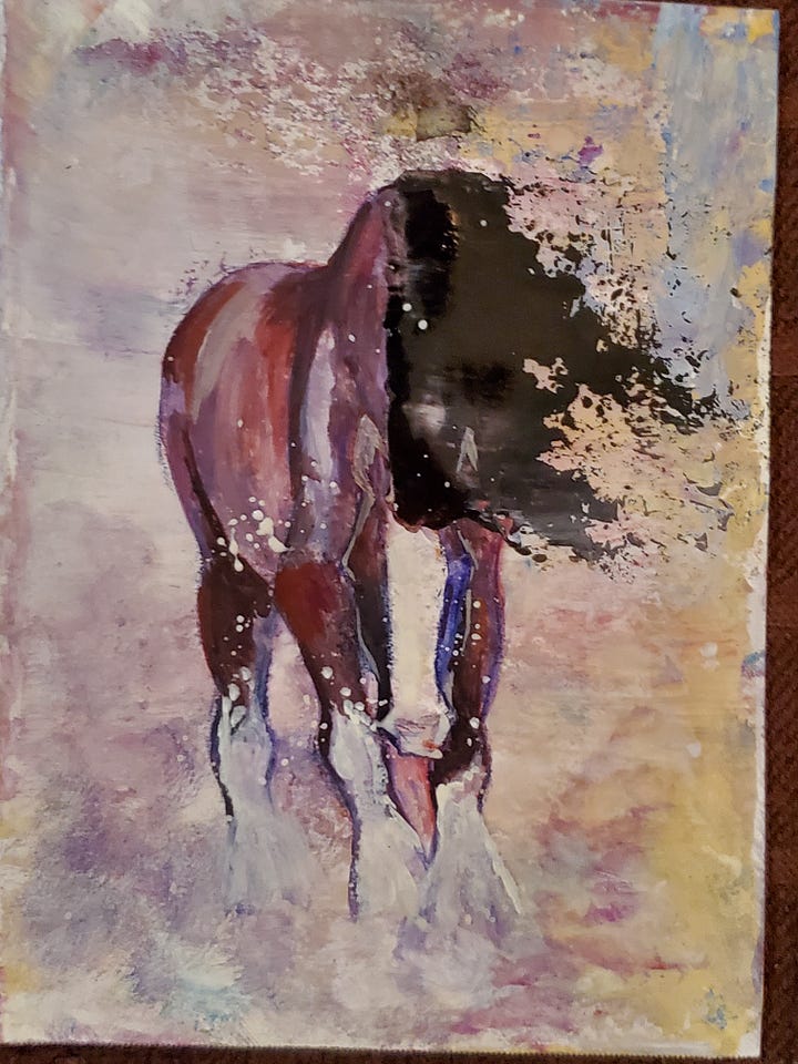 A scattering of small pieces with abstract backgrounds with horses on them.