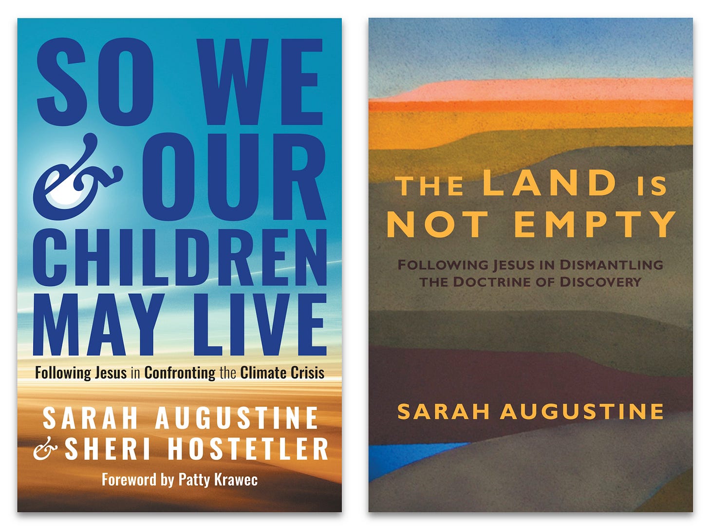 Baooks by Sarah Augustine (and one by Sheri Hostetler): "So we & our childen may live: following Jesus in confronting the climate crisis" and "The land is not empty: following Jesus in dismantling the doctrine of discovery"