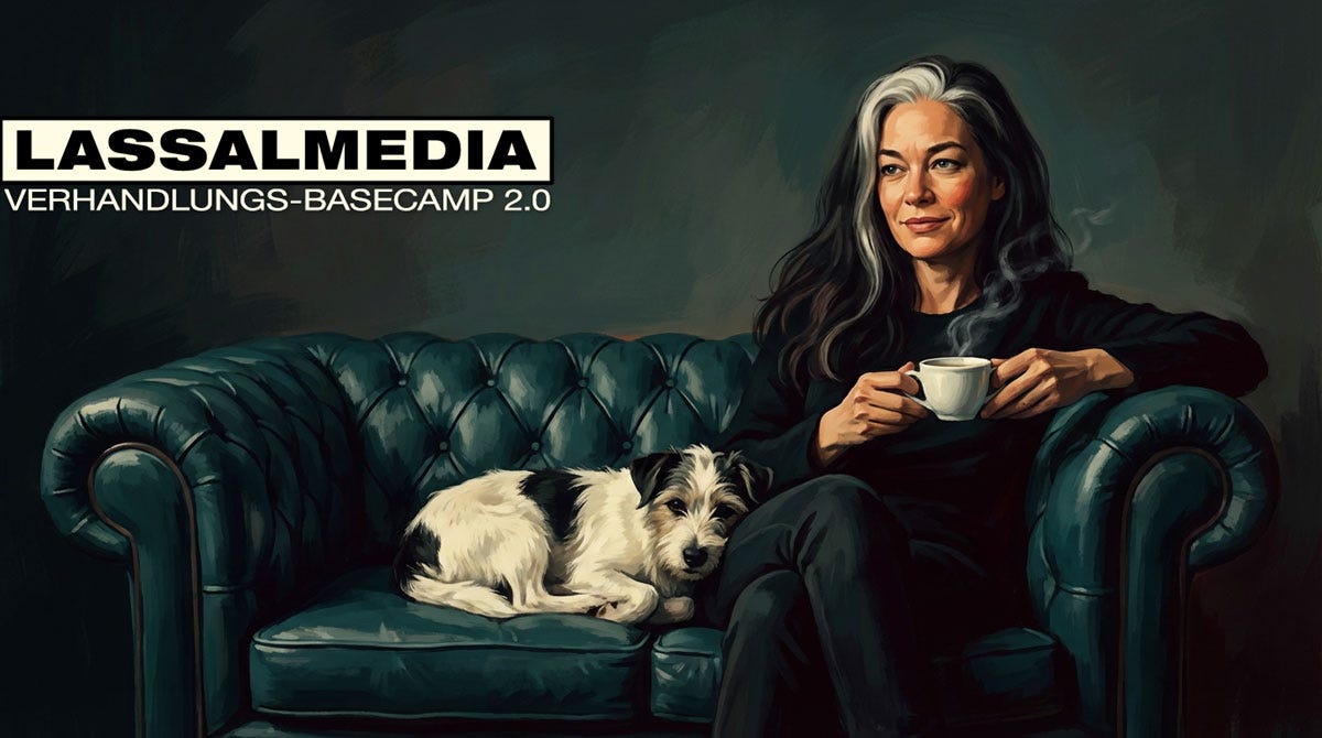 Illustratorin mit Kaffee und Hund auf dem Sofa, LassalMedia-Schriftzug