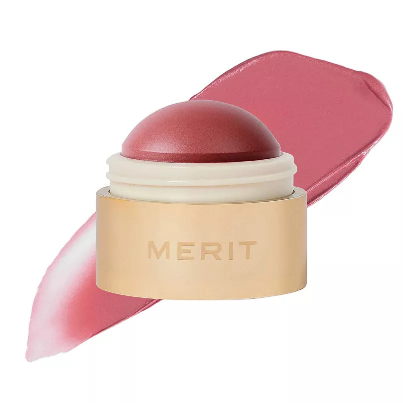 Merit Flush Balm cream blush in the shade Stockholm tube open showing the product for a summer cheek flush