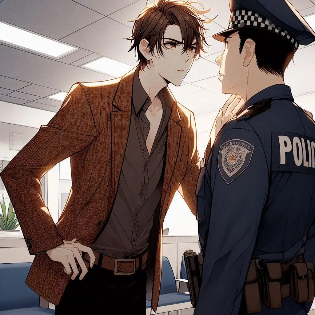 A young man with brown hair and a brown blazer and standing while confronting and arguing with a cop while in a well light police department public waiting room. anime art style. dark. modern