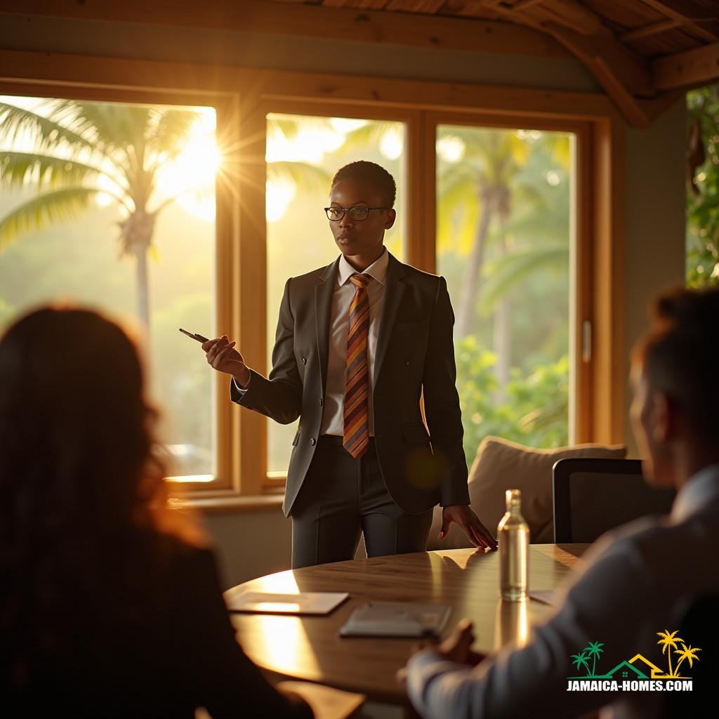 Vibrant Jamaican project manager, dressed in a tailored suit and bold tie, stands confidently at the front of a warmly lit, richly textured meeting room, surrounded by attentive team members, as she dynamically briefs the project team on contingency planning in Caribbean project management, with large windows overlooking the lush tropical landscape. Soft, golden Caribbean sunlight spills in, illuminating the scene, while cinematic lighting accentuates the drama. Shot on the V-Raptor XL camera, with a subtle 35mm film grain texture, the image features a stylish vignette, and is beautifully color graded, with vibrant hues and deep shadows. Post-processed to perfection, the atmospheric image exudes the essence of a cinematic film still, reminiscent of the works of Oscar-winning cinematographer, Emmanuel Lubezki, known for his breathtaking, masterful compositions.