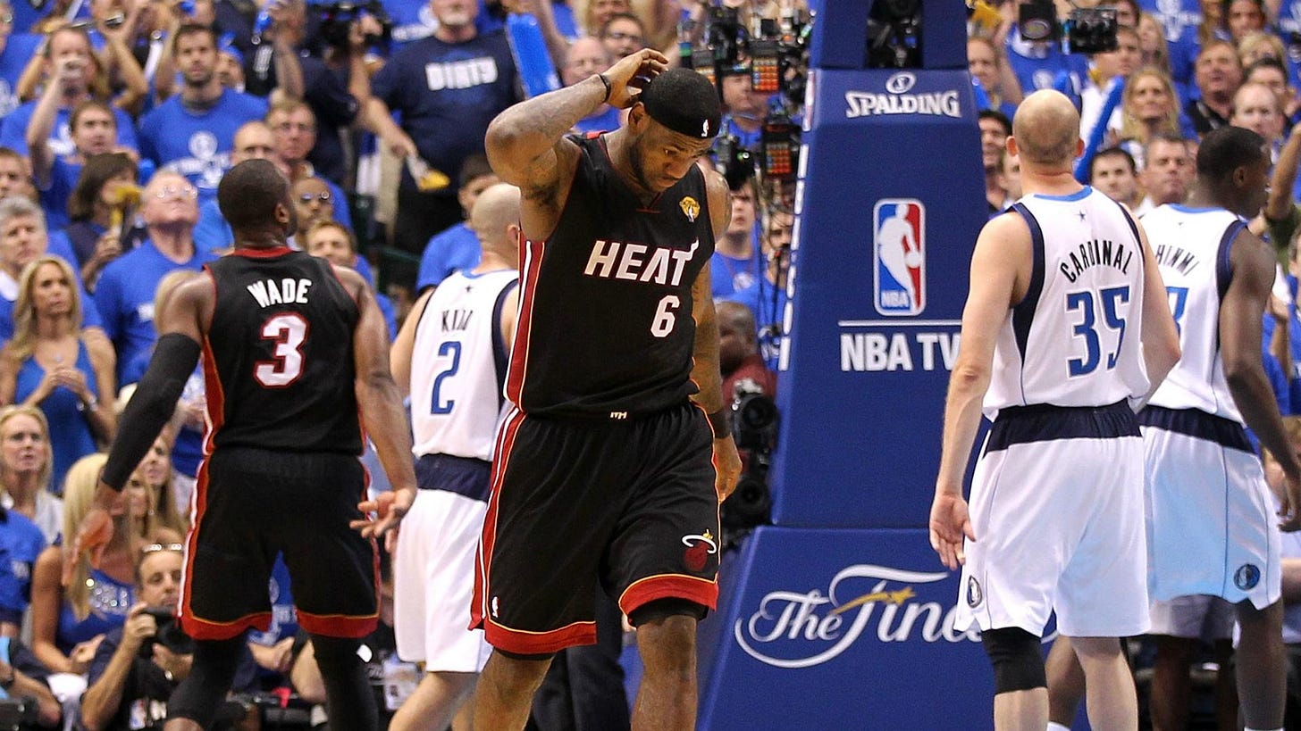 In the 2011 NBA finals, Lebron James had a whopping 8 points (27% fg and 0% from three) in 45 minutes in a crucial game 4. This led to the Dallas Mavericks In the 2011 NBA finals, Lebron James had a whopping 8 points (27% fg and 0% from three) in 45 minutes in a crucial game 4. This led to the Dallas Mavericks
