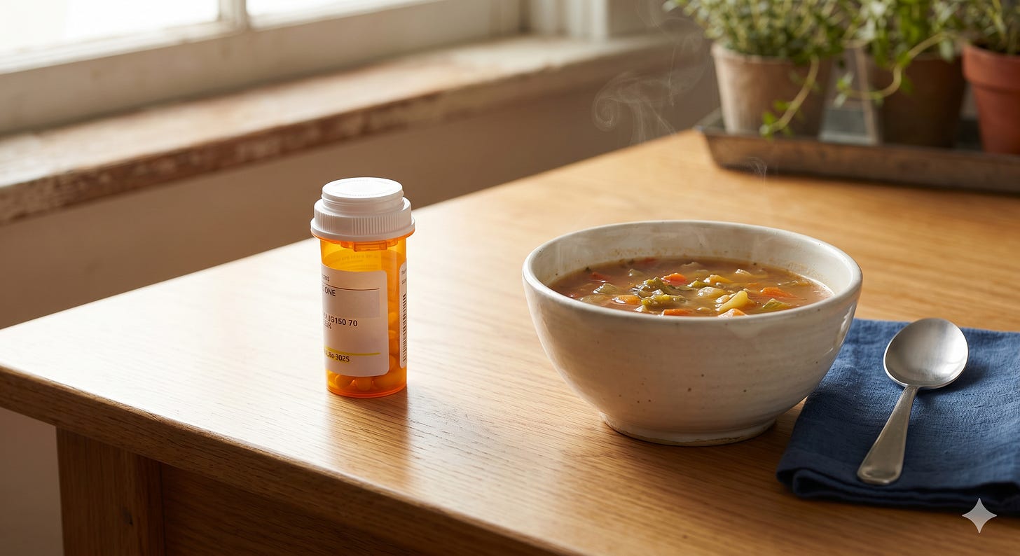 A kitchen table with a pill bottle on one side and a warm bowl of soup on the other, in soft natural light.
