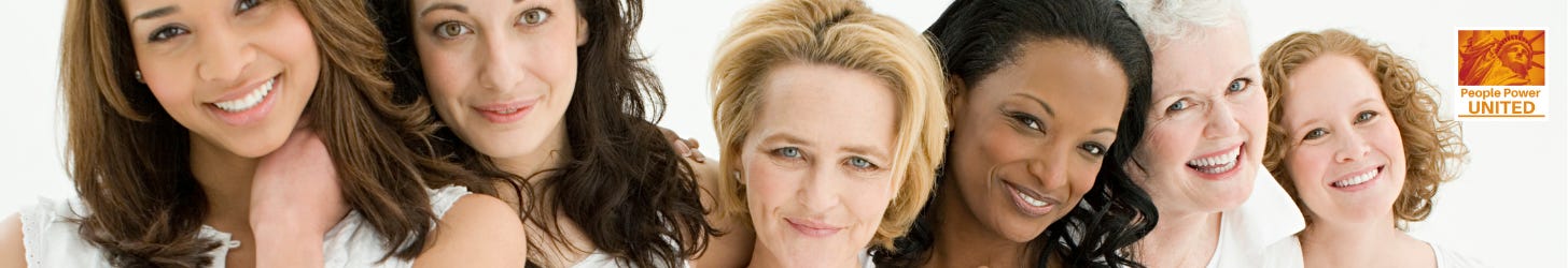 About Reproductive Freedom for All. image of women smiling. logo of people power united.