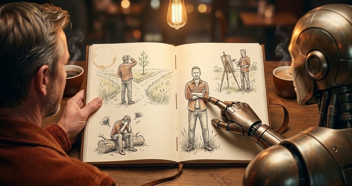 Over-the-shoulder view of a man and a bronze robot at a café table, looking at an open sketchbook of four ink drawings of the same man; the robot's finger rests on one. Over-the-shoulder view of a man and a bronze robot at a café table, looking at an open sketchbook of four ink drawings of the same man; the robot's finger rests on one.