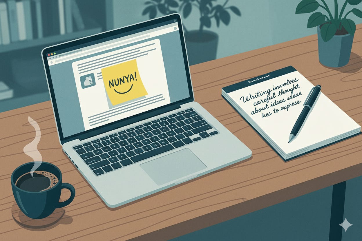 Illustration of a desk scene. On the left, a steaming cup of coffee sits beside an open laptop. On the laptop screen is a sticky note with the word “NUNYA!” and a smiley face. To the right of the laptop is a notepad with handwriting that says: “Writing involves careful thought about ideas ideas hes to express.” A pen rests on top of the notepad. In the background, there are potted plants and bookshelves. Illustration of a desk scene. On the left, a steaming cup of coffee sits beside an open laptop. On the laptop screen is a sticky note with the word “NUNYA!” and a smiley face. To the right of the laptop is a notepad with handwriting that says: “Writing involves careful thought about ideas ideas hes to express.” A pen rests on top of the notepad. In the background, there are potted plants and bookshelves.