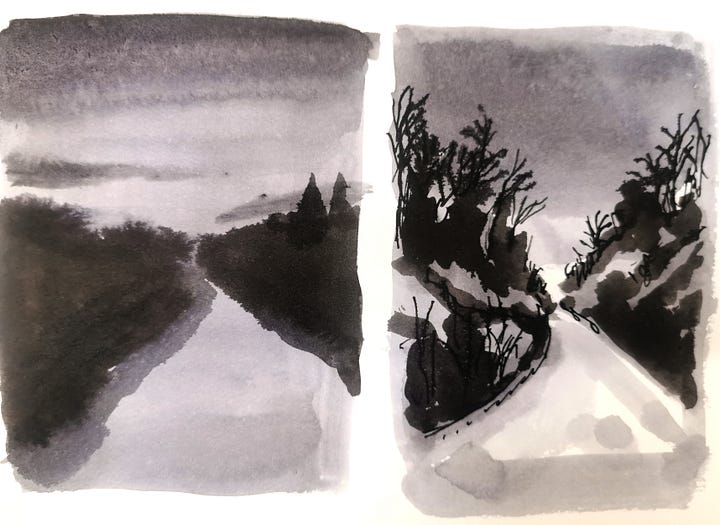 five black ink paintings of rural roads in winter. varying quality.