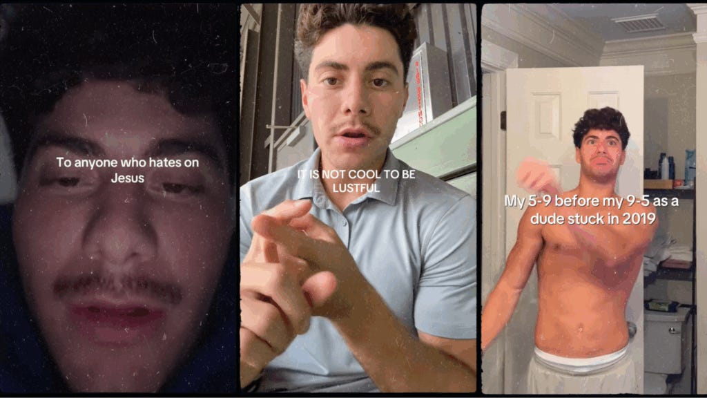 Three TikTok video screenshots of Jack Nauseef showing different types of content: one titled 'To anyone who hates on Jesus,' another saying 'IT'S NOT COOL TO BE LUSTFUL,' and a third showing a shirtless transformation titled 'My 5-9 before my 9-5 as a dude stuck in 2019.'