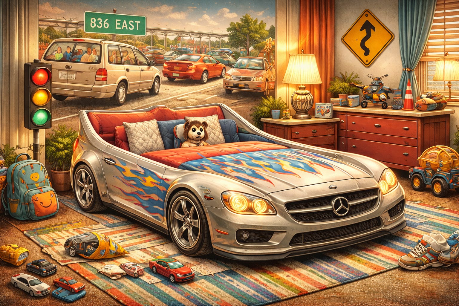 A children’s bedroom staged around a silver luxury car-shaped bed complete with headlights and flame decals, set against a mural of Miami traffic on the 836 East highway, where minivans are packed with families and chaos, blending childhood fantasy with adult road rage in a scene that satirizes aspiration, consumerism, and inherited commuter trauma. A children’s bedroom staged around a silver luxury car-shaped bed complete with headlights and flame decals, set against a mural of Miami traffic on the 836 East highway, where minivans are packed with families and chaos, blending childhood fantasy with adult road rage in a scene that satirizes aspiration, consumerism, and inherited commuter trauma.