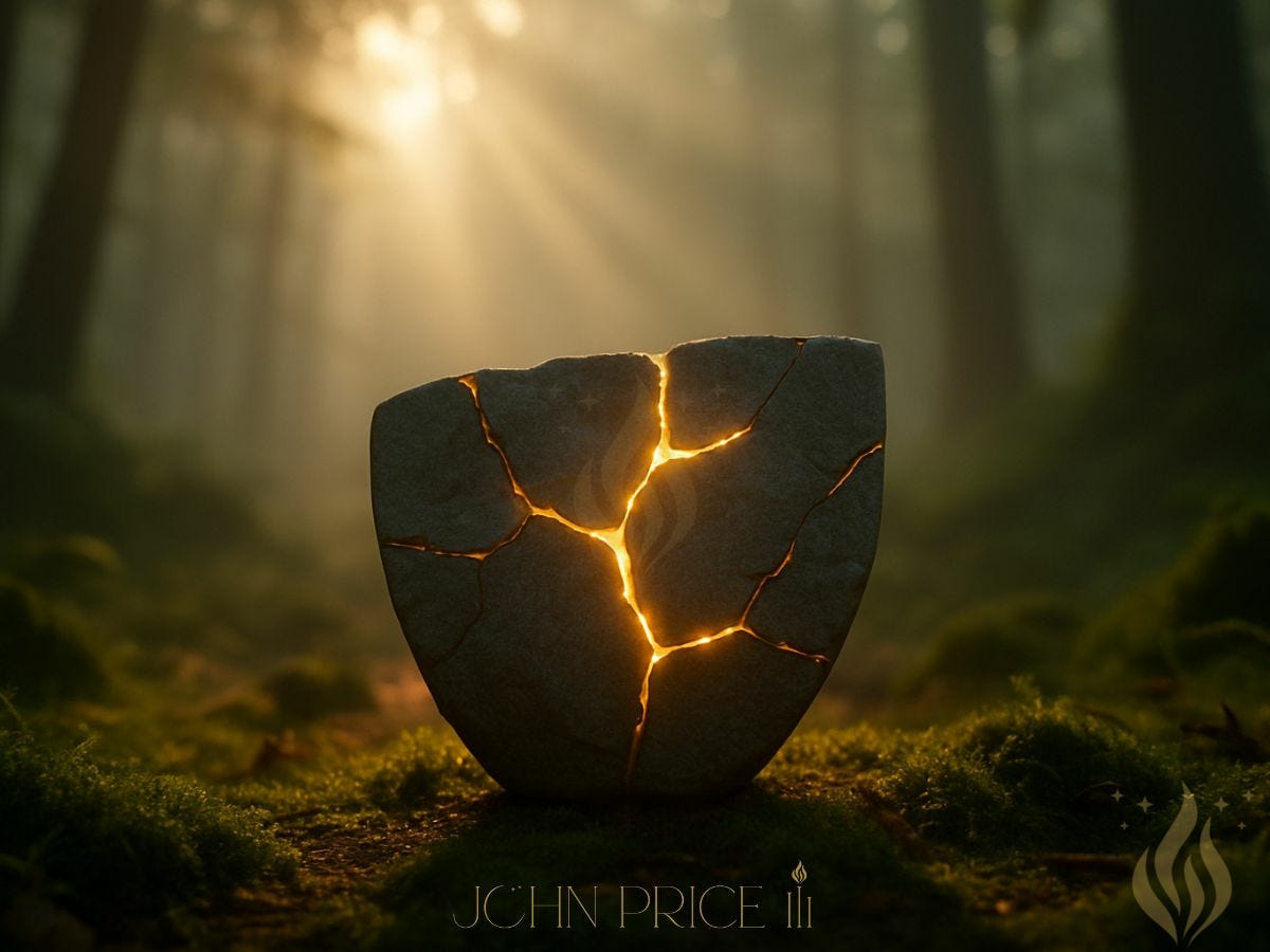 A cracked stone vessel repaired with glowing golden seams stands on a mossy forest floor at sunrise. Soft rays of light filter through tall trees, illuminating the golden lines like kintsugi, symbolizing healing, forgiveness, and the beauty revealed through repair.