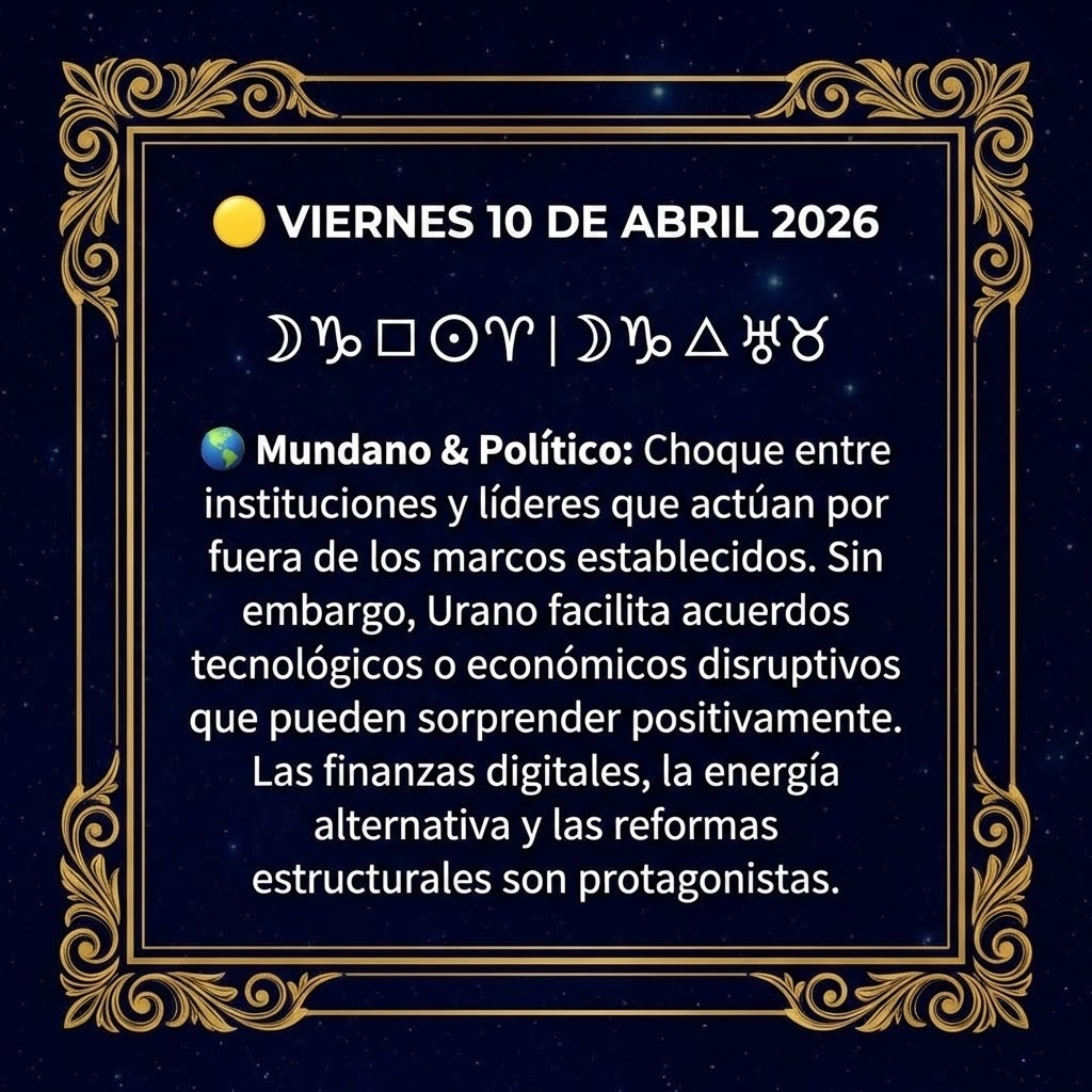 create a square image with the following information. Use a gold frame:
đĄ VIERNES 10 DE ABRIL 2026
đâ ⥠ââ | đâ âł â
â
đ Mundano & PolĂtico:
Choque entre instituciones y lĂderes que actĂșan por fuera de los marcos establecidos. Sin embargo, Urano facilita acuerdos tecnolĂłgicos o econĂłmicos disruptivos que pueden sorprender positivamente. Las finanzas digitales, la energĂa alternativa y las reformas estructurales son protagonistas.
create a square image with the following information. Use a gold frame:
đĄ VIERNES 10 DE ABRIL 2026
đâ ⥠ââ | đâ âł â
â
đ Mundano & PolĂtico:
Choque entre instituciones y lĂderes que actĂșan por fuera de los marcos establecidos. Sin embargo, Urano facilita acuerdos tecnolĂłgicos o econĂłmicos disruptivos que pueden sorprender positivamente. Las finanzas digitales, la energĂa alternativa y las reformas estructurales son protagonistas.