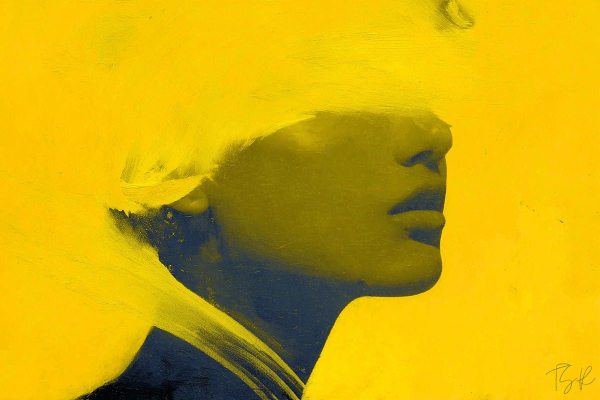 Close-up of the lower half of a female face in yellow tones, the top of the head obscured by swooshes of yellow brushstrokes, mouth slightly open. Close-up of the lower half of a female face in yellow tones, the top of the head obscured by swooshes of yellow brushstrokes, mouth slightly open.