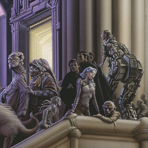 LEFT: Detail from THIS ALIEN SHORE featuring a young woman in a shimmering gold miniskirt. Her belt hangs diagonally across her hips. The buckle is a shiny red orb with the lower deck of the spaceport. She leans against the wall with fingers curled as one hand rests against the surface while her other hand crosses her body pointing right. The c-shaped gadget she holds directs the eye to a man in black robes. His face is disfigured with a pattern of lines like a maze. Below the stairs, a cast of alien figures are bathed in warm light. CENTER: Detail from THIS ALIEN SHORE featuring the view past the young woman to the winding stairs, purple tinted facade of the spaceport interior, and a tall arched window with a view of a rotating space station beyond. A cast of alien characters occupy the stairs including an ogre-like couple. The man stops, craning his long neck as his wife grabs his elbow and says something to him. Three men in black cloaks with a pattern of lines on their faces point to the main character. RIGHT: Closer detail from THIS ALIEN SHORE featuring a close look at the cast of alien characters loitering on the stairs. A seedy looking alien drapes his elbow over the railing and glance over to the main foreground left. Next to him an attractive female with white shoulder length hair anchors at the ledge with arms wide and palms down as she gazes down to the right. Her arms are covered with ringed metal that flourishes at the round of her shoulder in shorter protrusions. Behind her, three men, whose faces are disfigured with a maze-like pattern, stand out in black robes. As they converge scanning the crowd in different directions, one points to the main figure in the foreground left. A mechanized man with human face and robot body—the bottom half with oversized—can be seen from behind. On what should be his trunk is etched the artist's sigil, the letters M and W combining inside a circle.