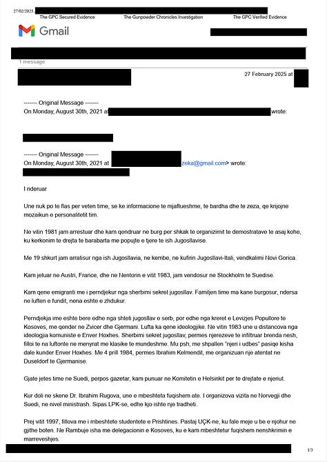 Të dhënat e zeza në dokument nuk janë hequr për të fshehur përmbajtjen thelbësore, por për të mbrojtur persona të tretë dhe procese ende të ndjeshme. Janë redaktuar adresat elektronike private, numrat e telefonit, identifikues personalë, si dhe emra individësh që nuk janë figura publike ose që përmenden në kontekst akuzash të pakonfirmuara. Po ashtu, janë mbuluar elemente teknike që mund të komprometonin burime, zinxhirë komunikimi ose procedura ligjore në zhvillim. Redaksia ka zgjedhur këtë qasje në përputhje me standardet ndërkombëtare të gazetarisë hulumtuese, për të balancuar interesin publik me detyrimin për të mos shkaktuar dëm të panevojshëm. Përmbajtja narrative, pretendimet dhe vetë-pozicionimi i autorit të letrës janë lënë të paprekura, në mënyrë që publiku të gjykojë vetë kontrastin mes diskursit publik të Milaim Zekës dhe asaj që ai i ka shkruar privatisht një institucioni që, në retorikën e tij, e ka cilësuar vazhdimisht si “instrument kundër UÇK-së”. Dokumenti publikohet si provë kontekstuale, jo si verdikt. Redaktimet janë pjesë e përgjegjësisë sonë profesionale, jo e frikës nga e vërteta.