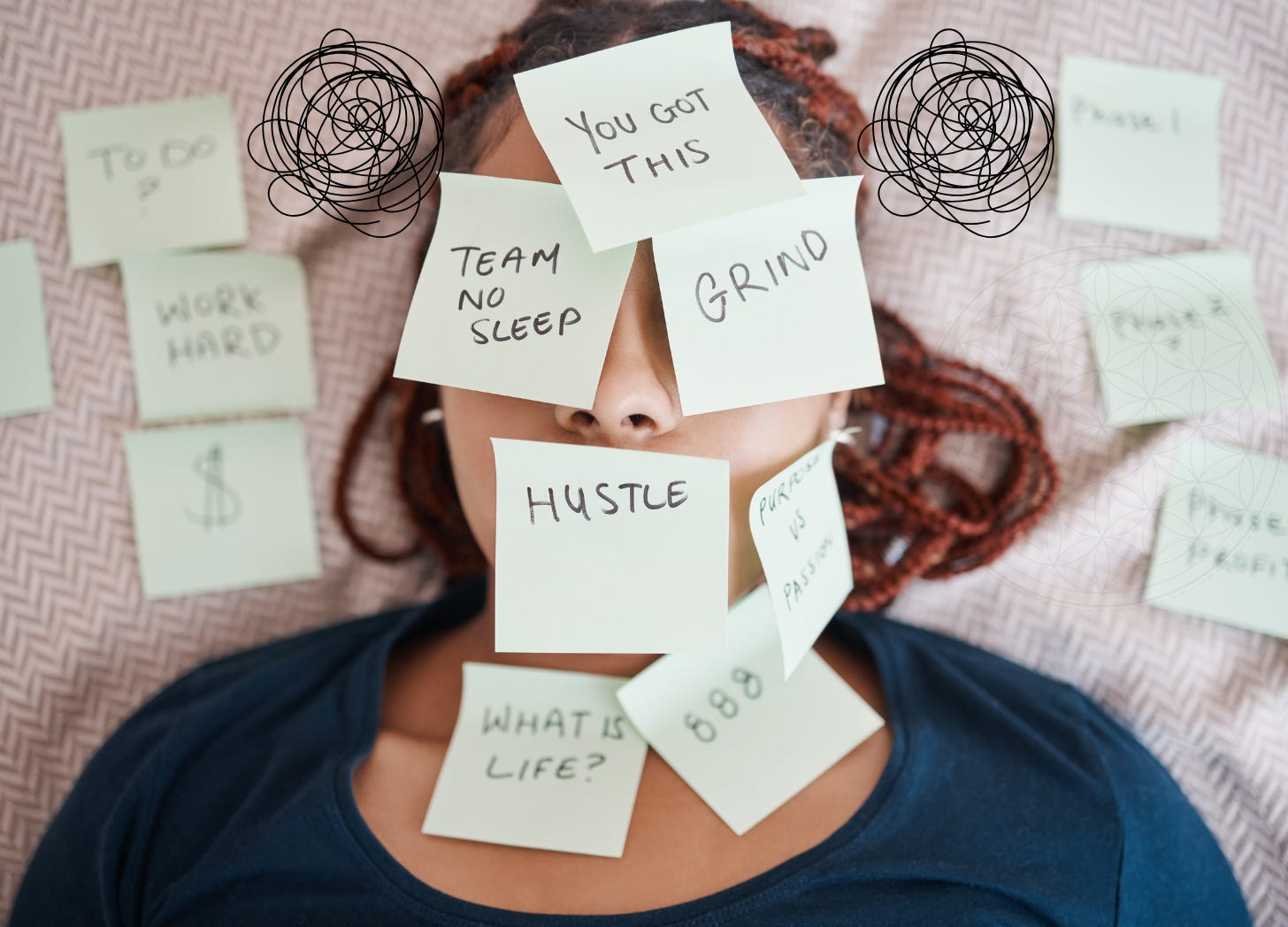 woman covered in post it notes that say things like hustle, grind, team no sleep, you got this