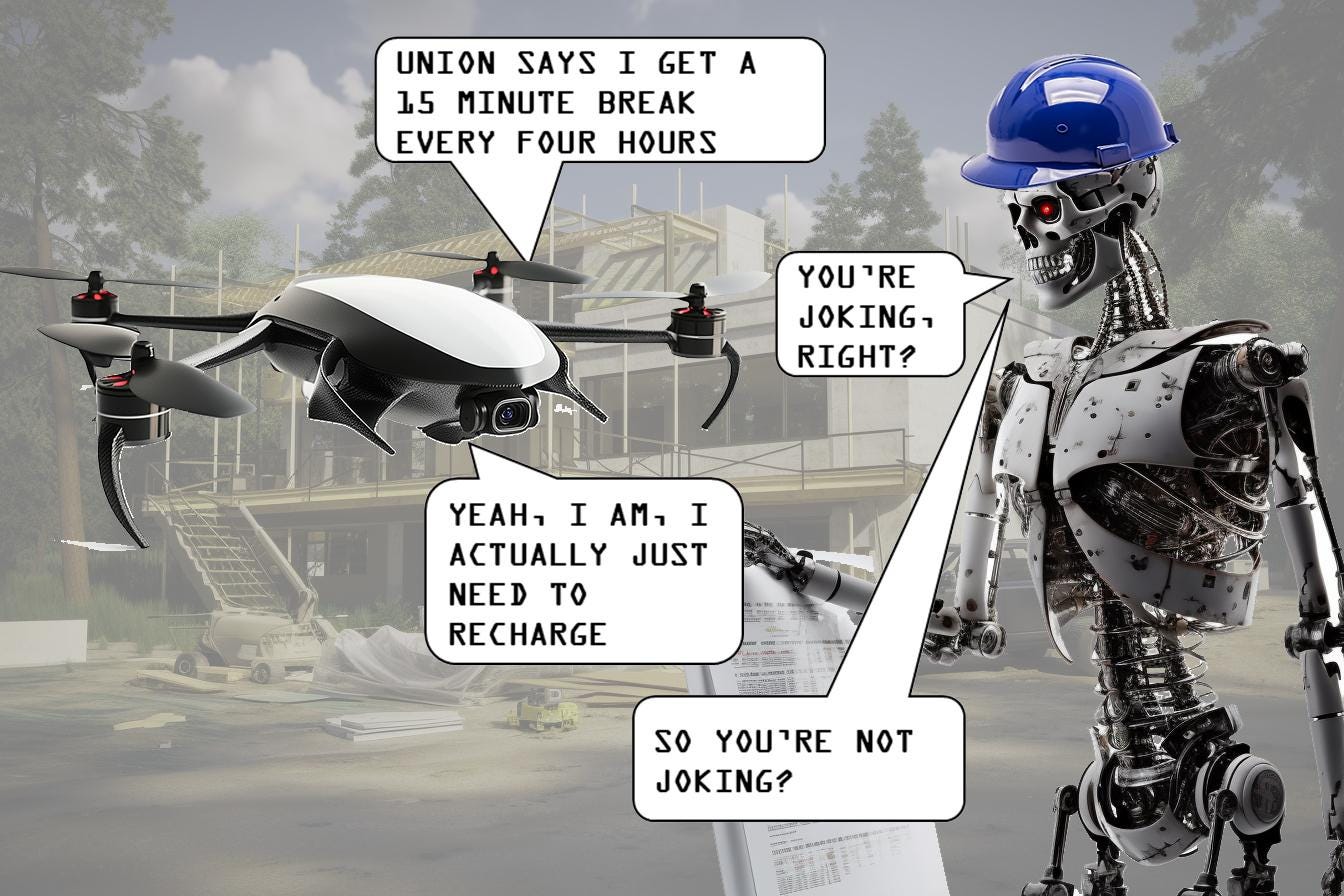 A robot with a helmet and a paper and a drone

Description automatically generated