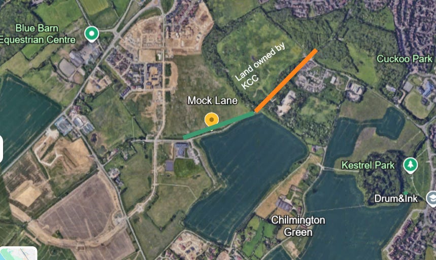 satalite view of the Chilmington Area including Mock Lane and land owned by KCC