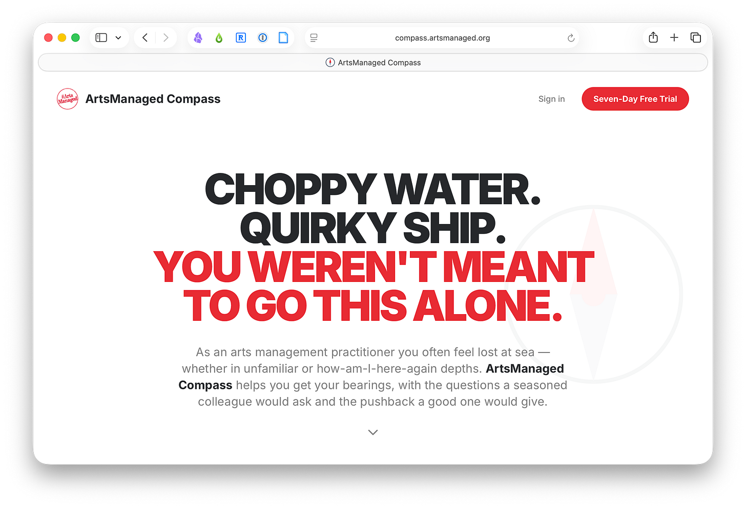 Screen shot of the ArtsManaged Compass landing page