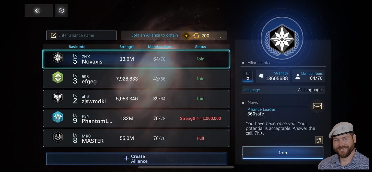 A sci‑fi mobile game “Alliance” menu shows a list of alliances with icons, levels, strength, member counts, and “Join” status. The highlighted alliance is “7NX Novaxis” (Level 5, strength 13.6M, 64/70 members), with a right-side panel displaying its emblem, alliance info, leader “360safe,” a short message, and a large “Join” button; other listed alliances include “efgeg,” “zjswmdkl,” “PhantomL…,” and “MASTER,” plus a “Create Alliance” option at the bottom. A sci‑fi mobile game “Alliance” menu shows a list of alliances with icons, levels, strength, member counts, and “Join” status. The highlighted alliance is “7NX Novaxis” (Level 5, strength 13.6M, 64/70 members), with a right-side panel displaying its emblem, alliance info, leader “360safe,” a short message, and a large “Join” button; other listed alliances include “efgeg,” “zjswmdkl,” “PhantomL…,” and “MASTER,” plus a “Create Alliance” option at the bottom.