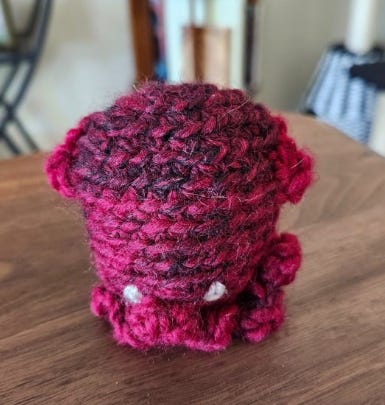 A close-up of one of the "squid" versions of the crochet "octopus." This one is red and has some small added fins on the sides!