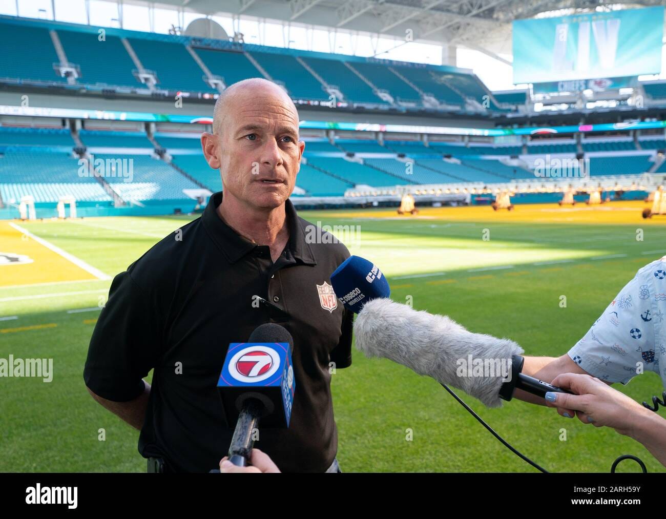 Miami Gardens, United States. 28th Jan, 2020. Ed Mangan, NFL Field  Director, speaks to the media during a field preview at Hard Rock Stadium  in preparation for Super Bowl LIV on Tuesday,