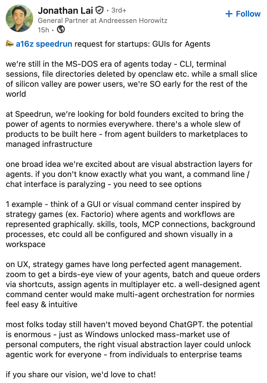 A social media post from Jonathan Lai calling for startups to invent new interfaces for agents