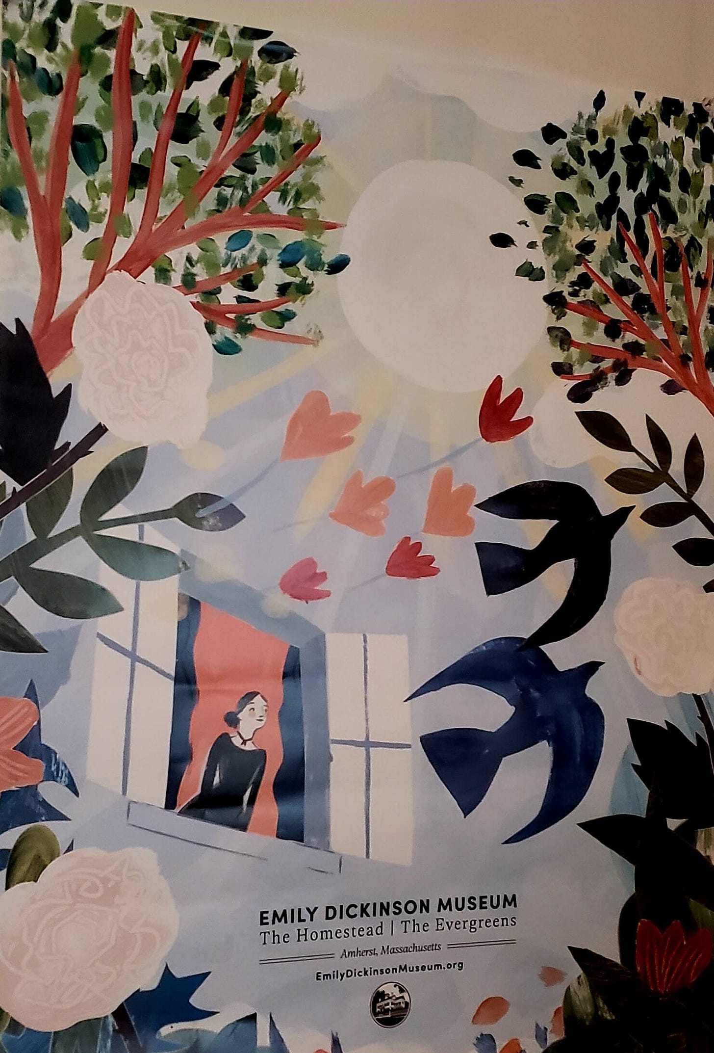 Dickinson in a dark dress with a cameo hanging on a ribbon around her neck, her dark hair in a low bun. She leans out an open window appreciating the trees and flowers surging around her in full bloom, the sun blazing, dark birds soaring in the air. The artist is Penelope Dullaghan. 