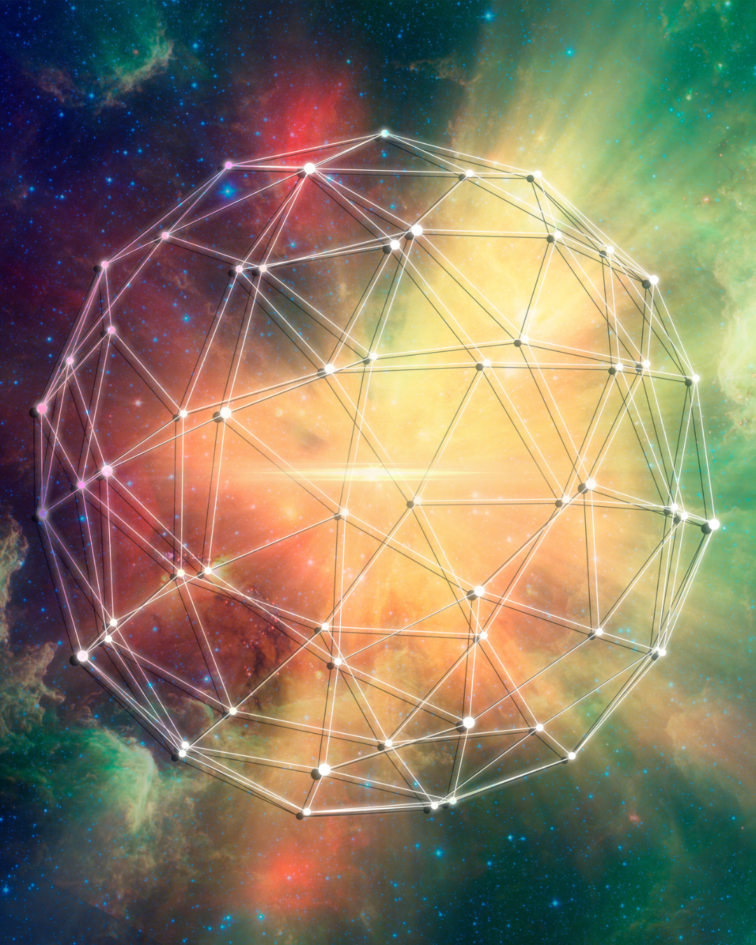 A glowing spherical network of interconnected white lines and luminous nodes floats against a vibrant cosmic nebula of blue, teal, green, red, orange, and golden-yellow clouds. The intricate geometric web forms a globe-like structure, with bright points of light connected by intersecting lines, symbolizing connectivity, complexity, and the interconnected diversity of existence. Tiny stars fill the surrounding space, while a warm central glow illuminates the network. A glowing spherical network of interconnected white lines and luminous nodes floats against a vibrant cosmic nebula of blue, teal, green, red, orange, and golden-yellow clouds. The intricate geometric web forms a globe-like structure, with bright points of light connected by intersecting lines, symbolizing connectivity, complexity, and the interconnected diversity of existence. Tiny stars fill the surrounding space, while a warm central glow illuminates the network.