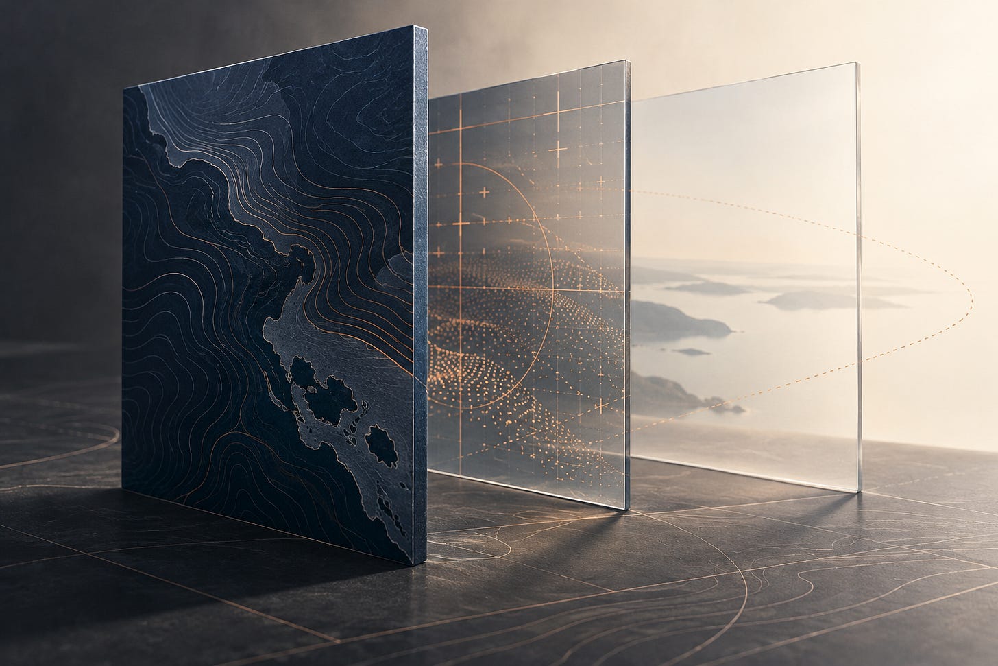 Editorial illustration of three separate optical panels with contour lines, copper alignment marks and a clear field.