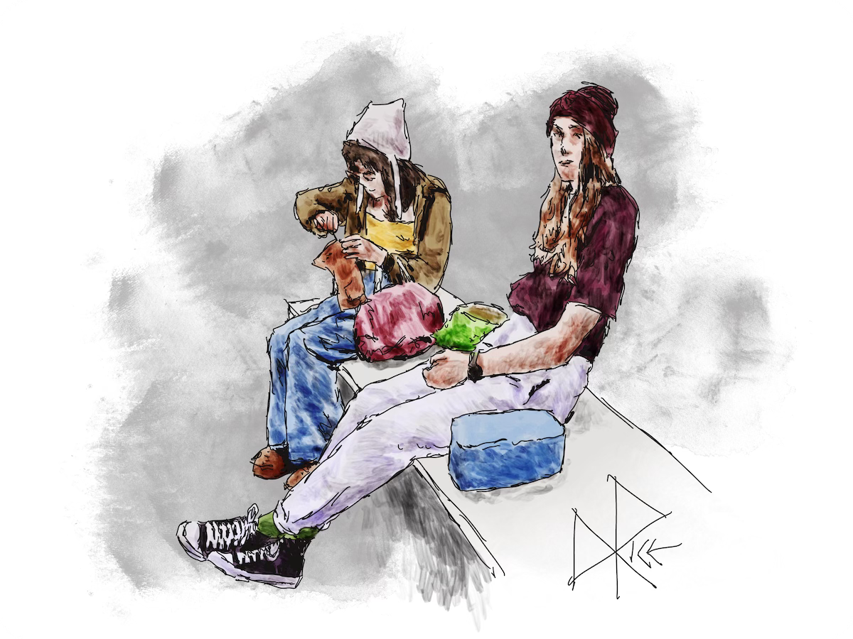 Both wearing toques, two teens eat their lunch while seated on a bench. Sketch art by Don Rice.
