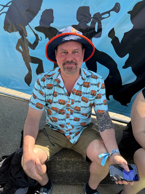 Photos of food-themed clothing worn at the New Orleans Jazz Festival 2025