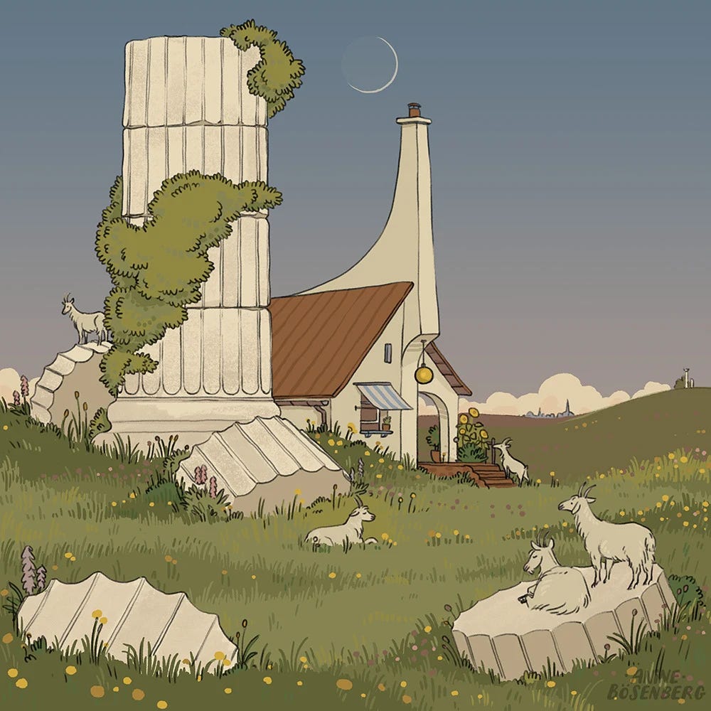 Whimsical illustration of goats resting among ancient ruins beside a cottage with a crescent moon above.
