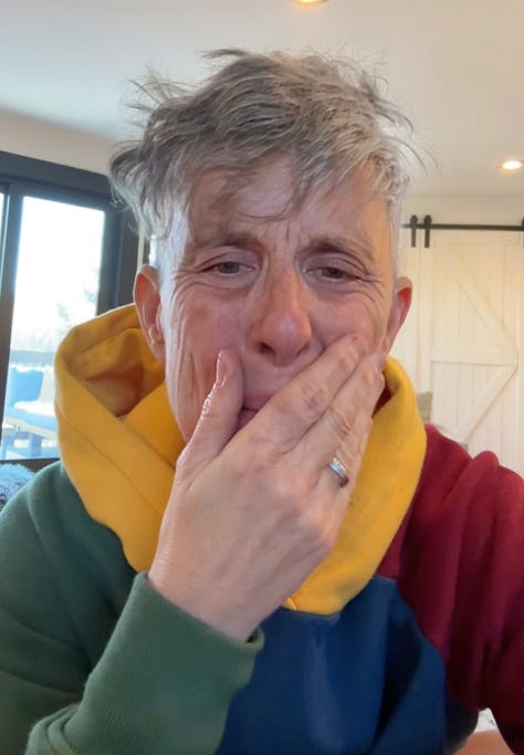 three photos of Andrea Gibson and Megan Falley using the aging filter, which ages them about 40 years into the future. They both appear tearful and joyful at once.