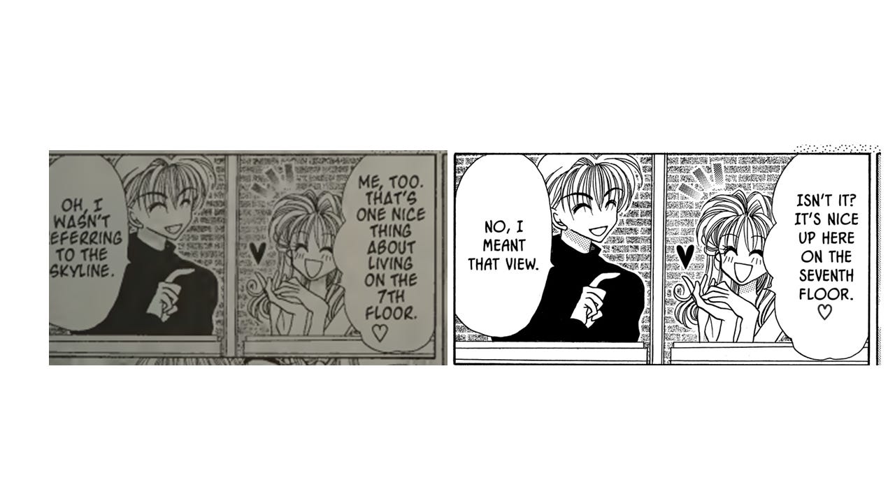 Panels from "Kamikaze Kaito Jeanne." The CMX translation is on the left, the Viz on the right.