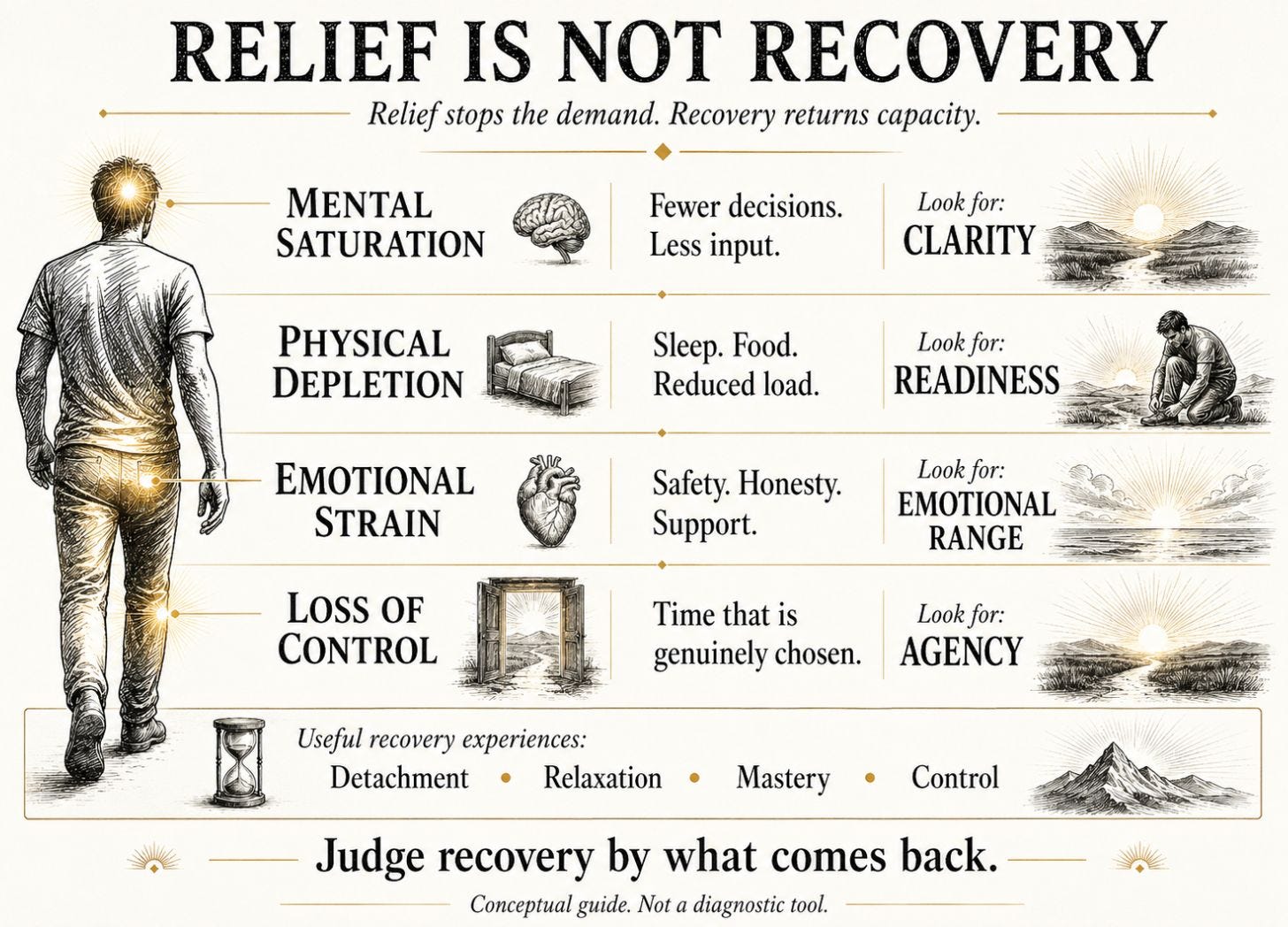Four-part guide matching mental, physical, emotional and control-related depletion with appropriate recovery responses and the capacities expected to return.