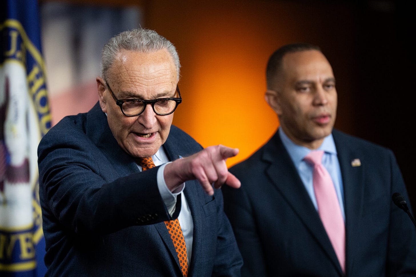 Senate Minority Leader Charles E. Schumer and House Minority Leader Hakeem Jeffries conduct a joint news conference at the Capitol on Thursday. Senate Minority Leader Charles E. Schumer and House Minority Leader Hakeem Jeffries conduct a joint news conference at the Capitol on Thursday.