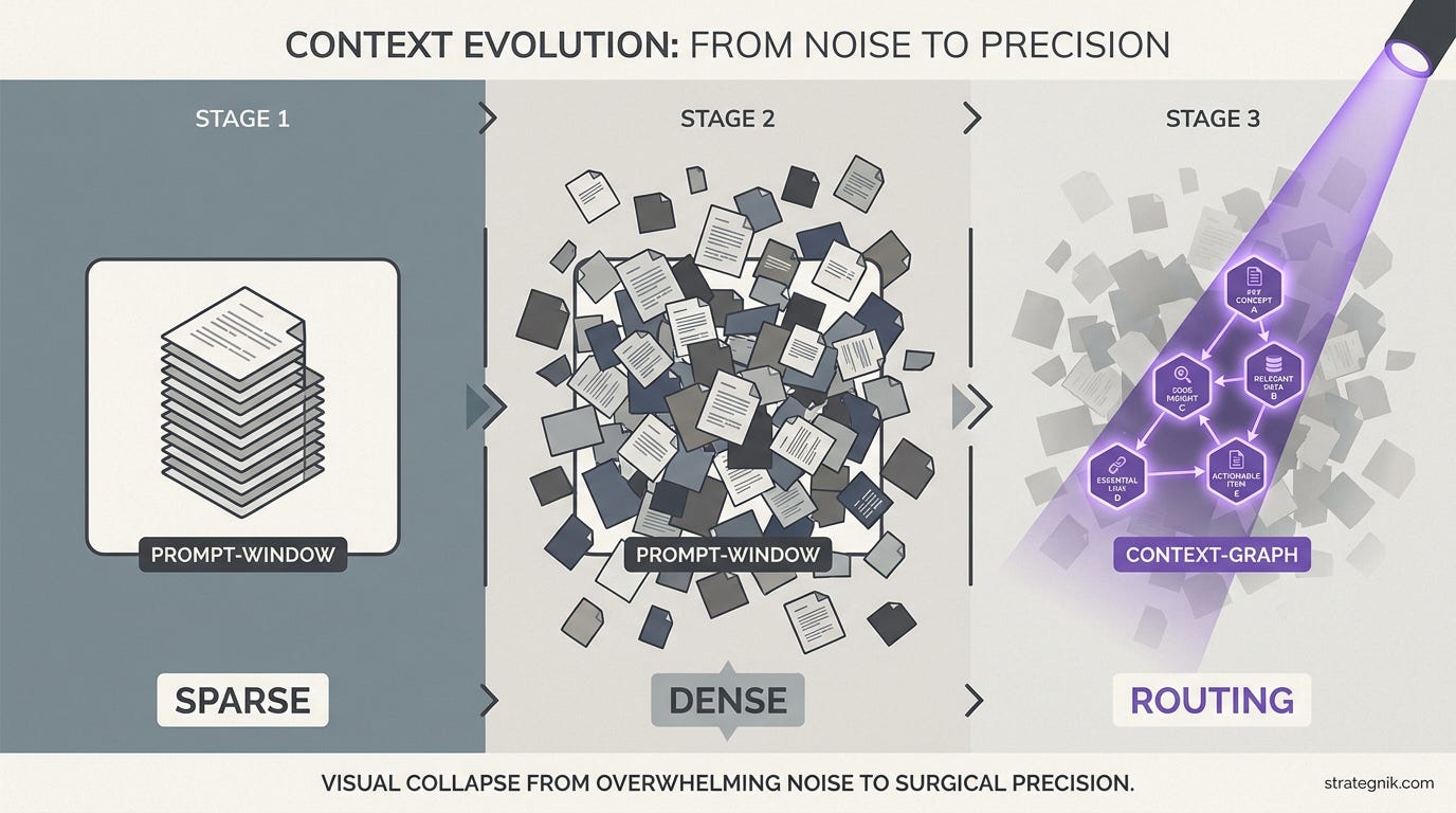 Three-stage progression diagram showing context evolution — from a sparse stack of documents fitting in one prompt, to an exploding cloud of fragments overflowing the prompt boundary, to a routing beam cutting through noise to illuminate only the relevant nodes Three-stage progression diagram showing context evolution — from a sparse stack of documents fitting in one prompt, to an exploding cloud of fragments overflowing the prompt boundary, to a routing beam cutting through noise to illuminate only the relevant nodes
