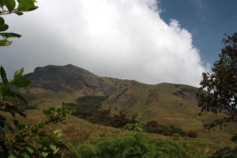 More brown, goat-like animals with horns, one in front of three men seen on the edge of the image, plus more mountains and grassland with cloudy skies