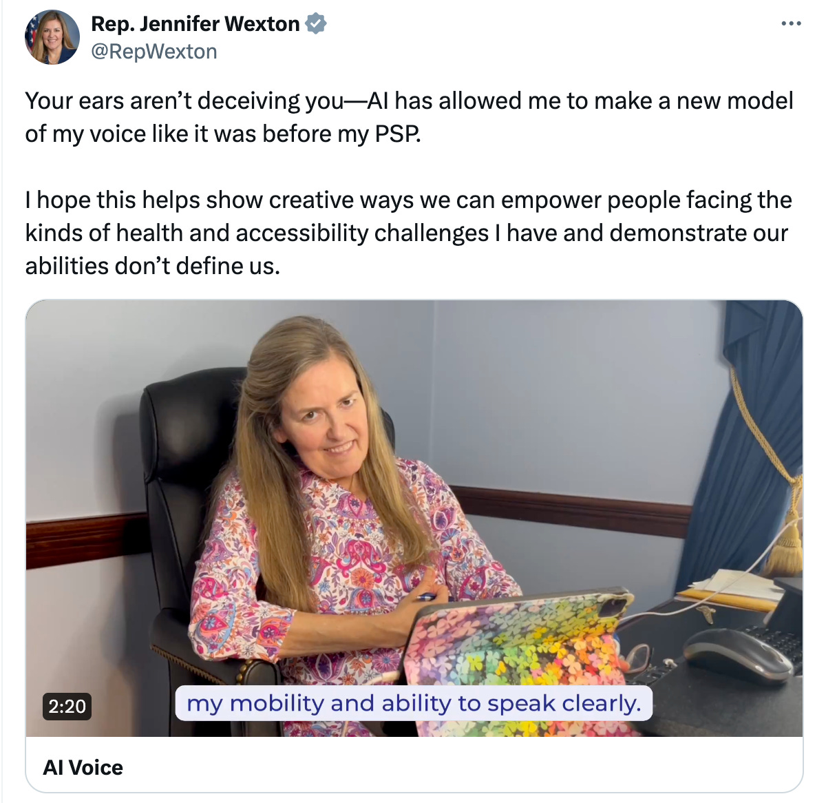 Congresswoman Jennifer Wexton using AI voice cloning to speak again