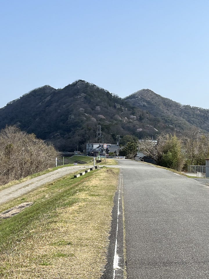 Pictures of a Japanese river weir and mountains