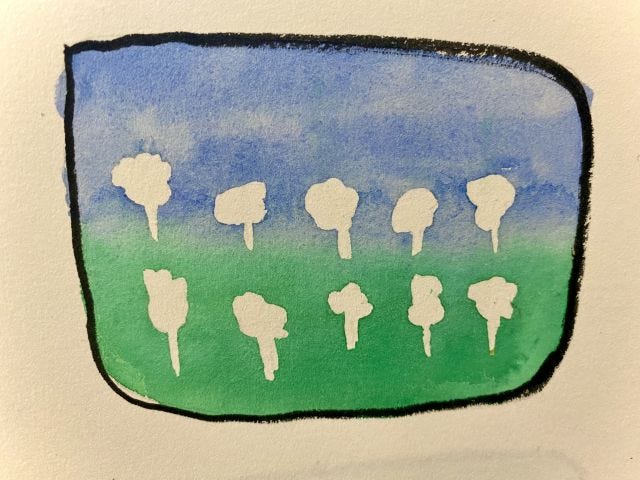 A blank water colour of fruit trees