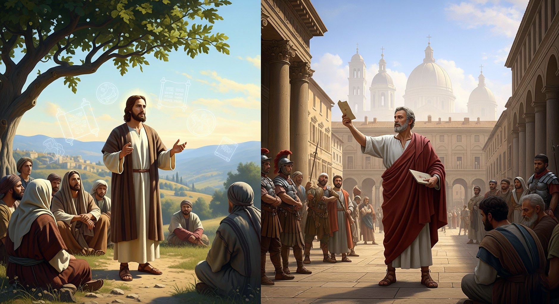 A split-screen shows Jesus on the left, dressed in simple robes, teaching a small group under a tree with stone tablets faintly in the background, while on the right Paul stands in a Roman city square, passionately gesturing with a letter in hand as crowds of Gentiles and soldiers listen, with church domes rising behind him.
