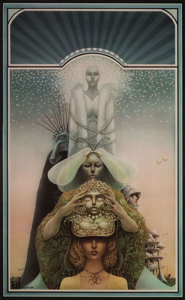 A succession of figures from the foreground: a woman with braided hair wears a necklace with a biohazard symbol. The woman behind her in ornate robes with plant patterns is placing a mask on her so that her eyes are in shadow. Two antennae rise from her headpiece which is made of delicate translucent wings. Behind those two is a wintery figure in fur robes and bound in white rope. A figure in black cloak and metal dog-like mask with long spikes on the top flanks the Snow Queen. Barely visible on the right is a woman in helmet with transparent visor and a futuristic many tiered city. The whole piece is bordered with a nouveau sun pattern radiating at the top.