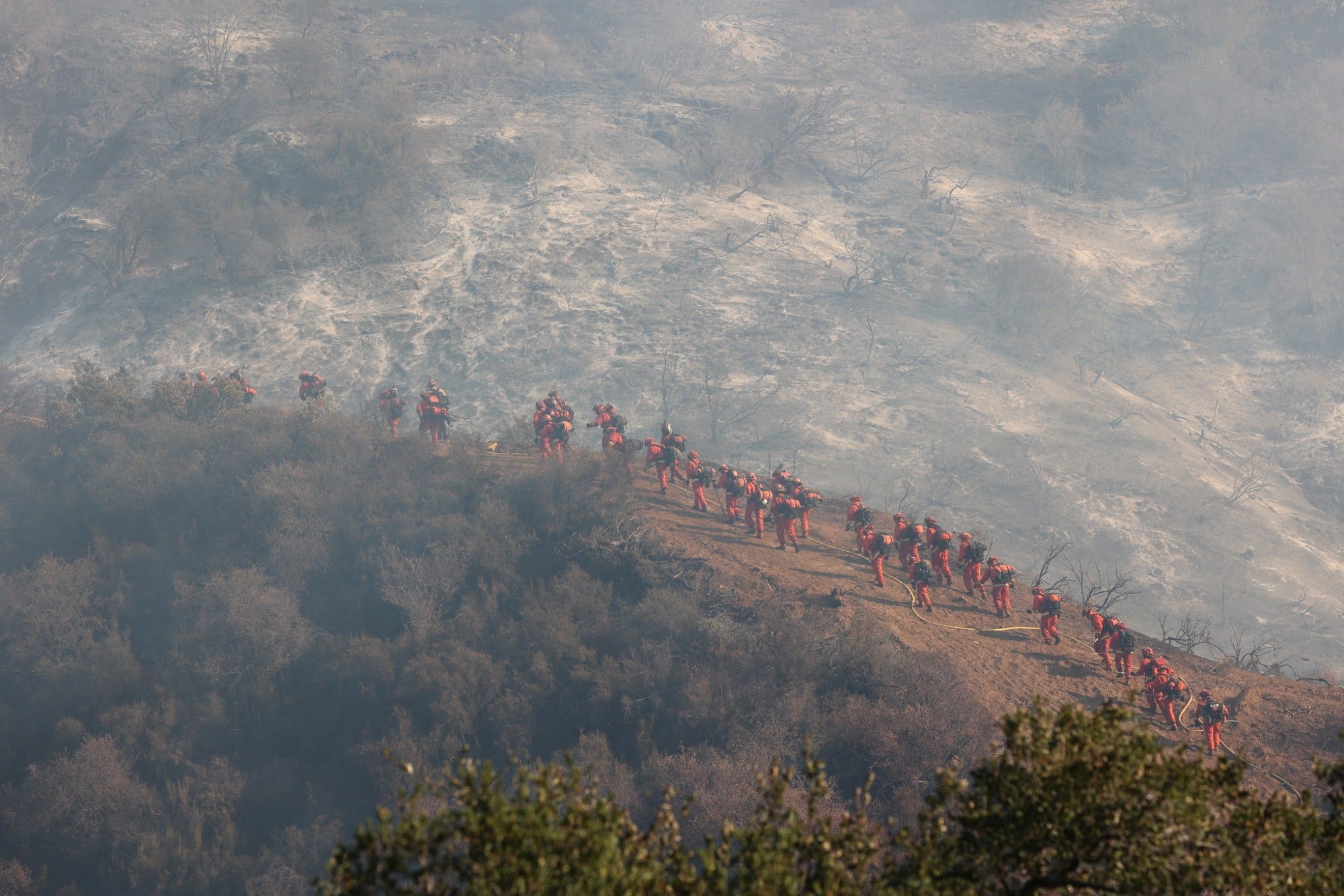 A firefighting crew works the LA Palisades Fire in January 2025. A firefighting crew works the LA Palisades Fire in January 2025.