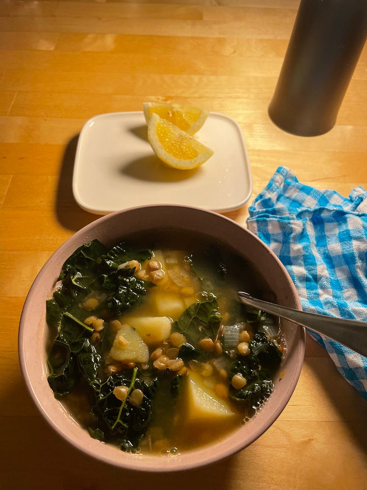 A bowl of lentil, lemon and silverbeet soup in a bowl with extra lemon. The second photo shows to poached eggs from a stovetop shakshuka, some wholemeal toast alongside.