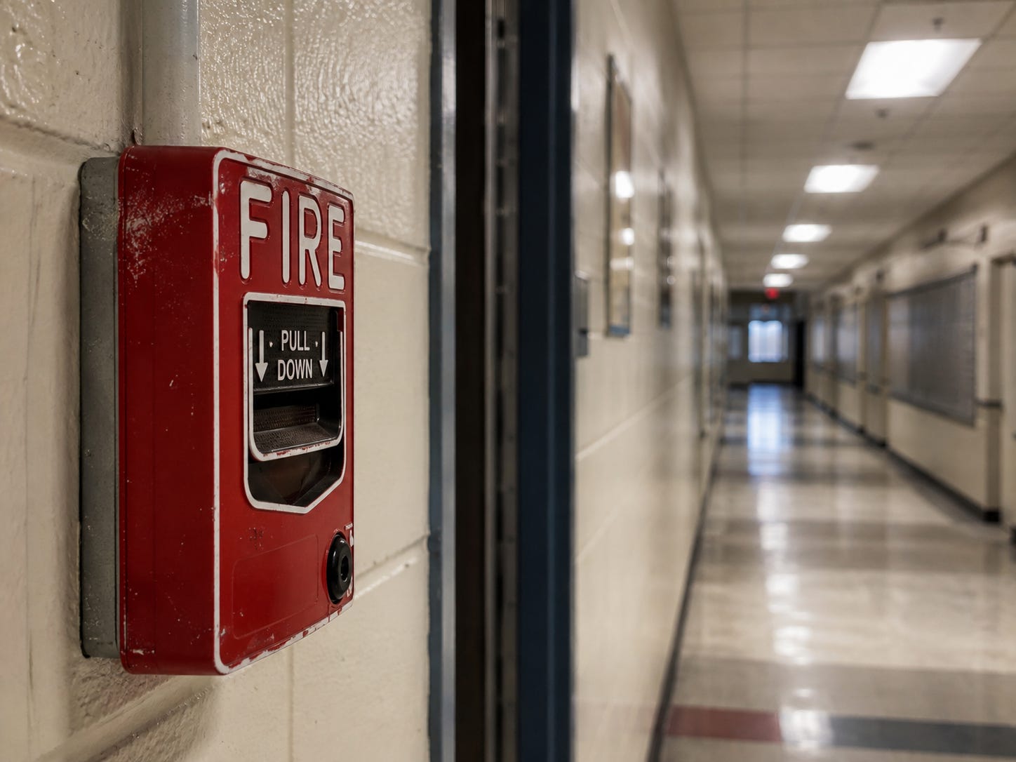 A fire alarm pull station on a hallway wall A fire alarm pull station on a hallway wall