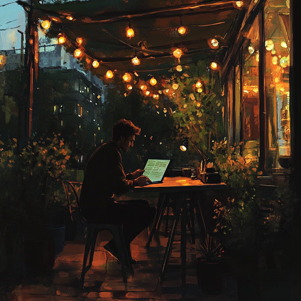 A writer sitting outside of a quaint coffee shop in the city. It's starting to become evening, and the patio is lit by warm street lights. The glow of warm light from within the cafe illuminates him as he writes on a laptop.